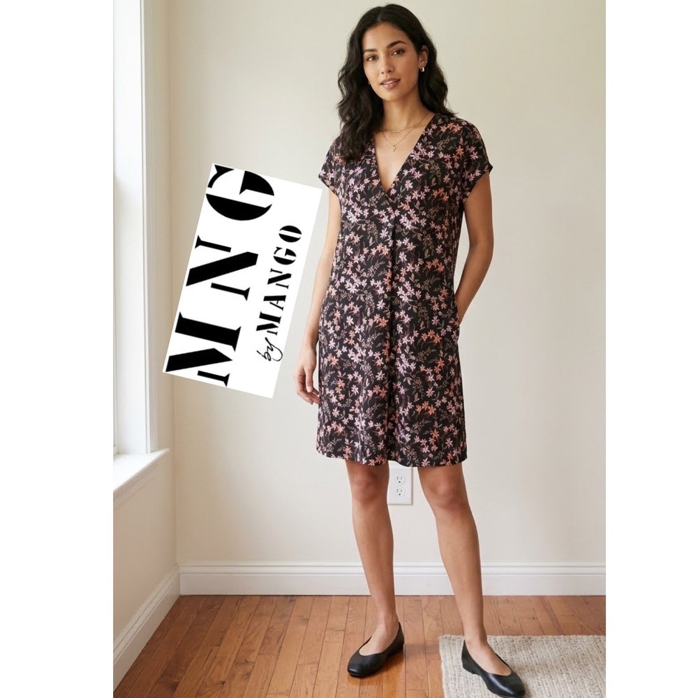 MNG by Mango Basics Black Floral V-Neck Cap Sleeve Shift Dress with Pockets M